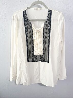Mika Mindel 100% silk Cream Long-Sleeve Blouse w Black Embroidered Bib med